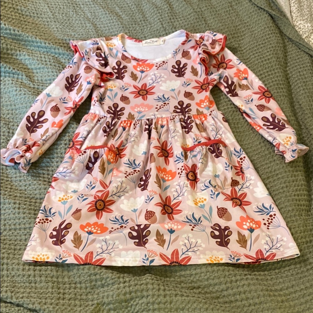 Marie Nicole Pink Flutter Sleeve Ruffle Shoulder and Pocket Detail Floral Dress